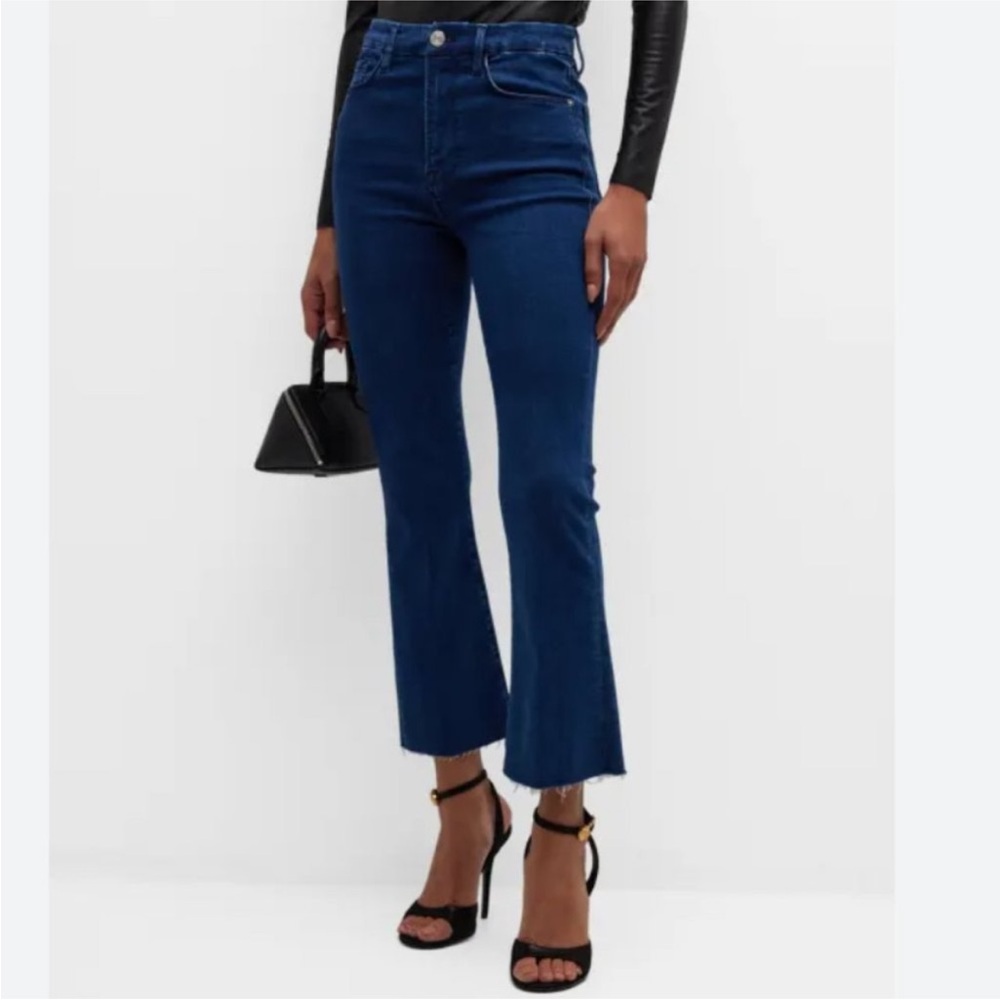 Frame Le High Flare Jean Dark Wash Raw Hem Paton Women 28 x 25.5 Stretch Cropped